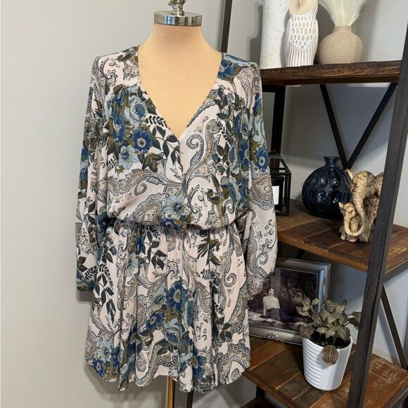 Free People High Plains Paisley Floral Balloon Sleeve V-Neck Mini Dress Small - Picture 4 of 14